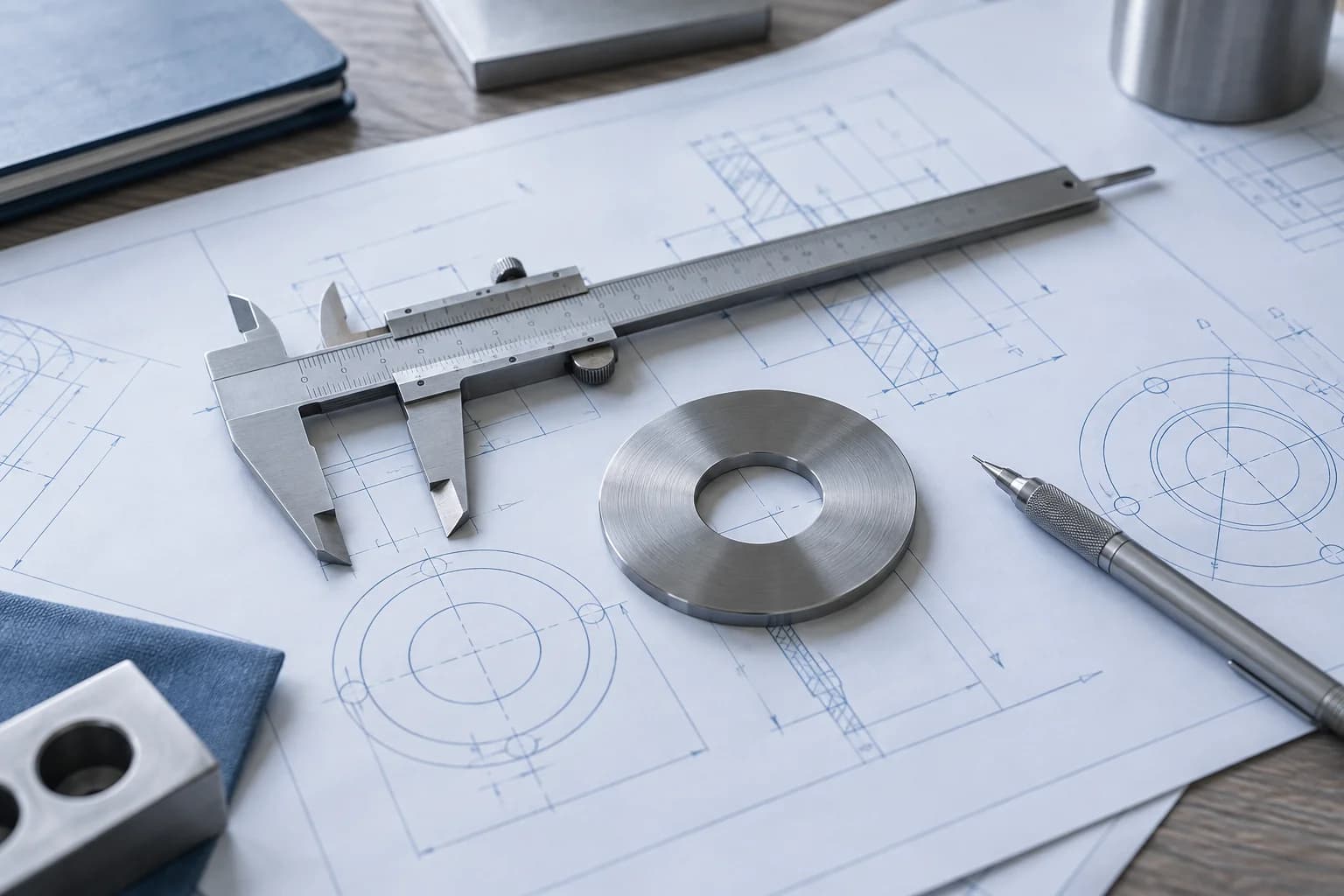 Engineering still life with a precision caliper, orifice plate and technical drawings
