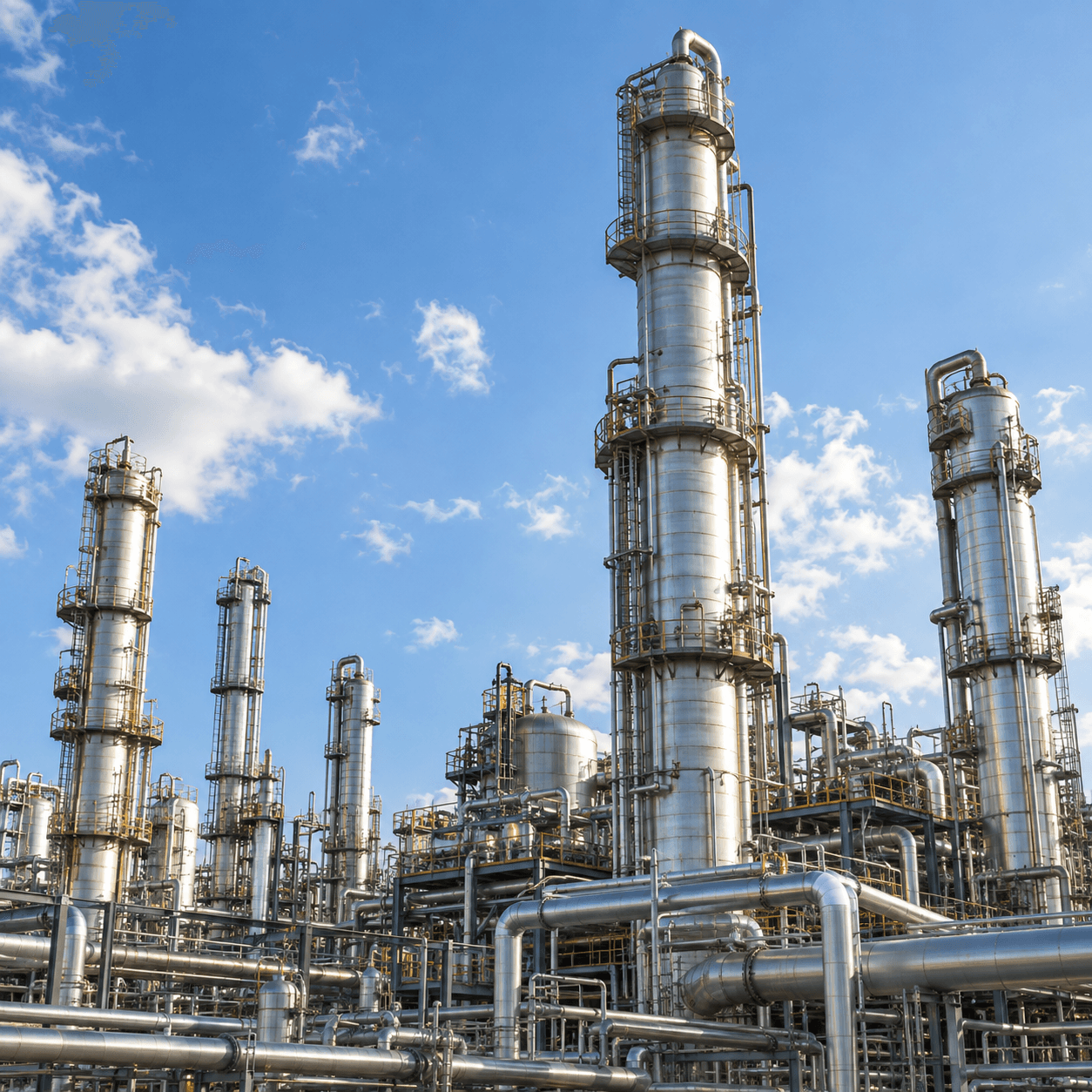 Silver process towers and pipework beneath a blue sky